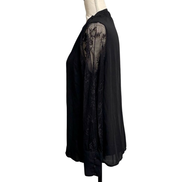 Catherine Malandrino Black Lace Blouse Sheer Floral Sleeves V-Neck Top Size L - Picture 9 of 13
